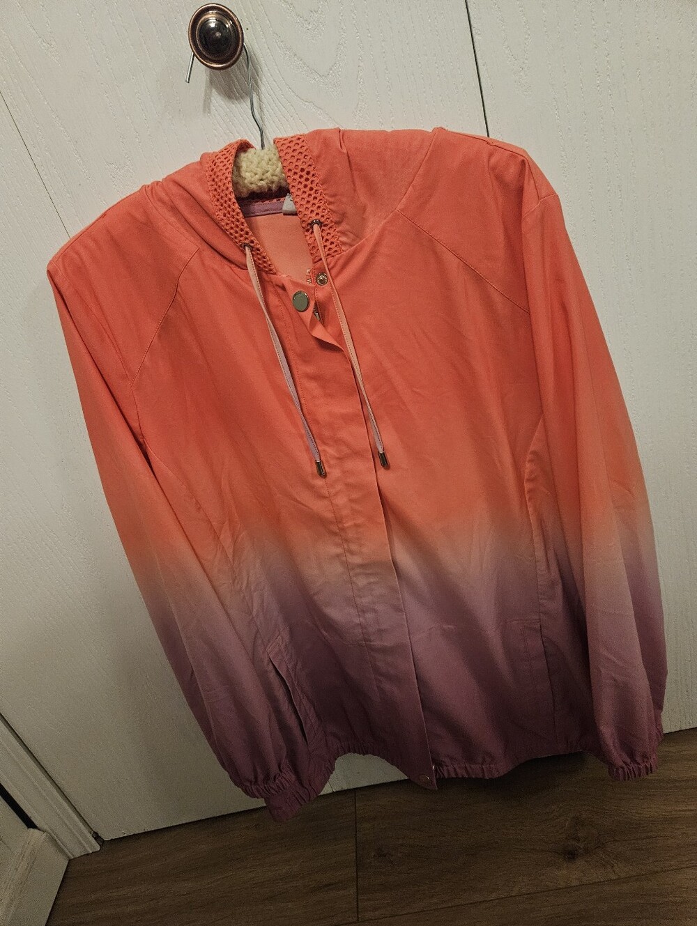 Chico's Ombre Hooded Bomber Jacket in Coral and Lavender